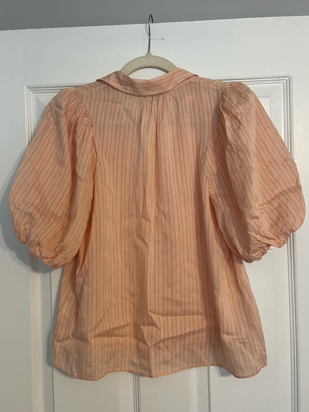 INTERMIX Silk-Blend Peach-Striped Puff Sleeve V-Neck Blouse - Picture 2 of 8
